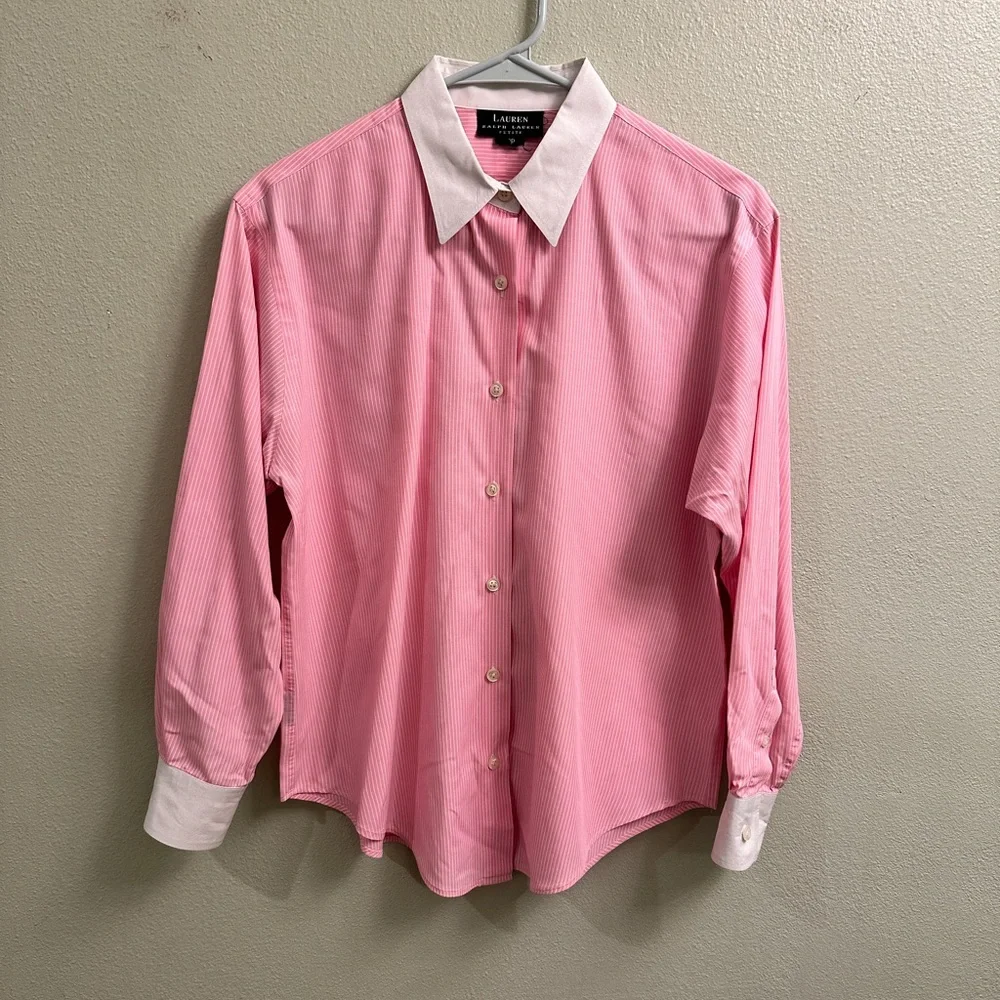 Lauren Ralph Lauren Petite 12 Classic Button Down Blouse Pink & White Striped - Picture 1 of 10